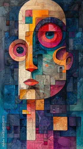 A painter meticulously crafting intricate details of ancient artifacts in a abstract composition