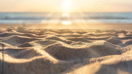 Closeup of sand on beach and blue summer sky Panoramic beach landscape Empty tropical beach and seascape Orange and golden sunset sky soft sand calmness tranquil relaxing sunlight summ   Generative AI