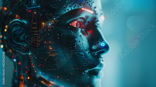 Robotic advancement, machine learning, biotechnology innovation, artificial intelligence, and an electronic human head with integrated circuits