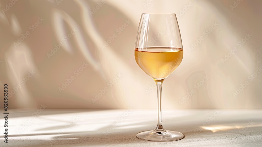 glass of white wine of wine on  beige background with shadows,  copy space
