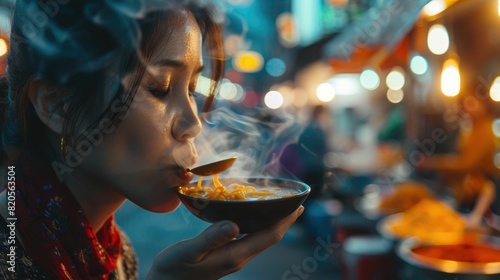 A woman is enjoying a bowl of staple food with a spoon, indulging in her food craving. She is savoring the dish made from a delicious recipe and sharing it with delight AIG50 photo