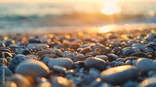 Pebble stones on the shore close up in the blurry sunset light in the distance  background : Generative AI photo