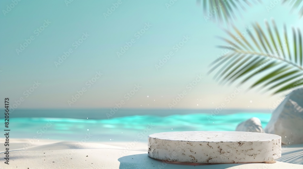 Summer sand and tropical sea background with abstract stone podium : Generative AI