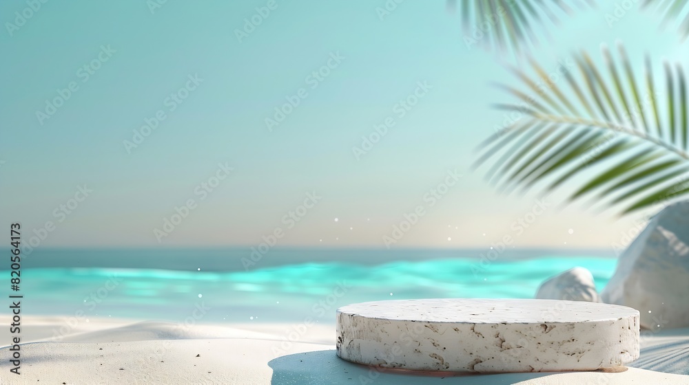 Summer sand and tropical sea background with abstract stone podium : Generative AI Summer sand and tropical sea background with abstract stone podium : Generative AI