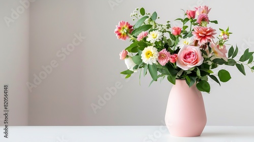 Beautiful cottage style flower arrangement in a pink vase on a white table Flower bunch include Rose Snapdragon Ranunculus Daisys Sweet William Chrysanthemum and lush green foliage : Generative AI