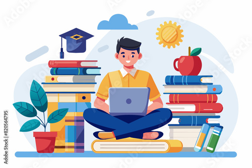 boy sitting on pile of books. Concept illustration of online courses, distance studying, self education, digital library. E-learning banner. Online education. Vector illustration in flat style