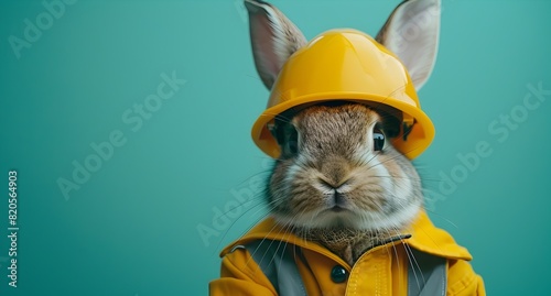 Construction Worker Bunny Cute Rodent in High Visibility Outfit on Green Background photo