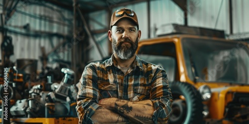 Bearded man in a plaid shirt standing in front of a truck, looking at the camera with crossed arms. © Summit Art Creations
