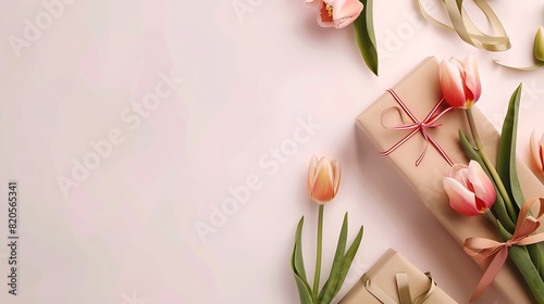 Box with beautiful tulip flowers and gifts on light background : Generative AI #820565341