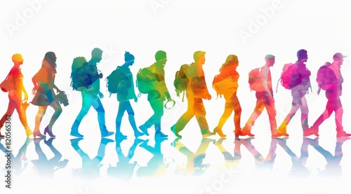 A diverse group of people  each representing different silhouettes and sizes  walking in unison towards the right side on an isolated white background. The colors should be vibrant
