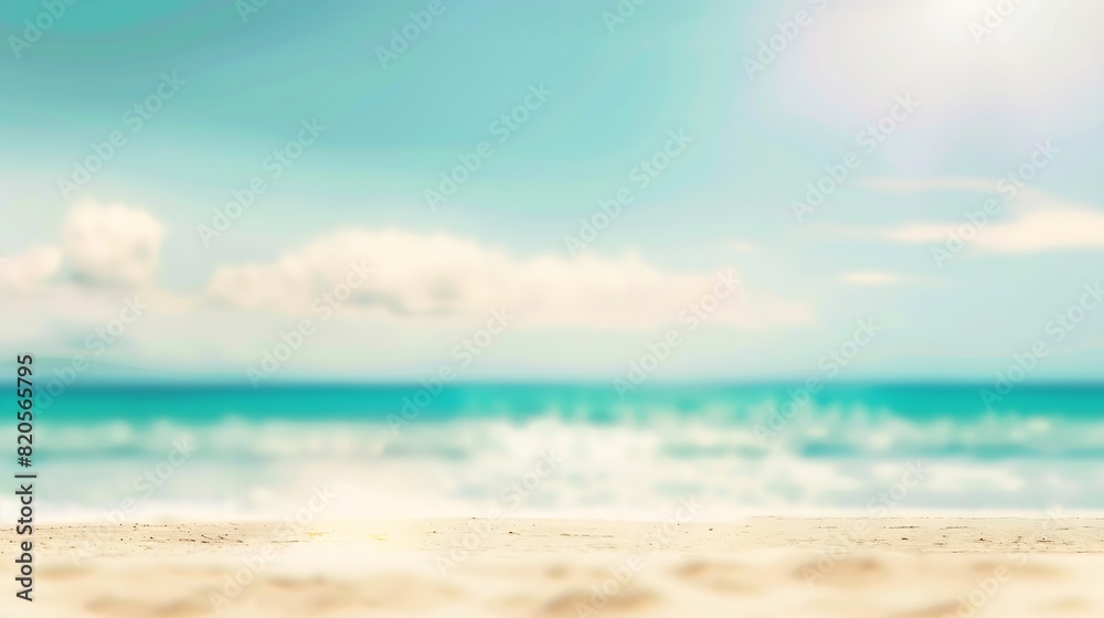 Obraz premium Abstract blur defocused background nature of tropical summer beach with rays of sun light Golden sand beach sea water against blue sky with white clouds Copy space summer vacation conc : Generative AI