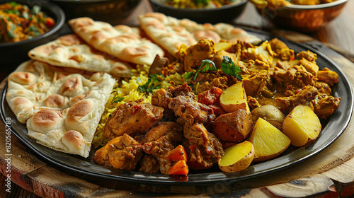 A platter of Surinamese roti, with soft and flaky flatbread served with curried chicken, potatoes, and vegetables, for a flavorful and satisfying meal. photo