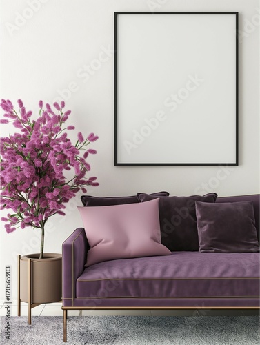 Frame mockup. Light purple sofa home interior  wall poster frame. 3D render