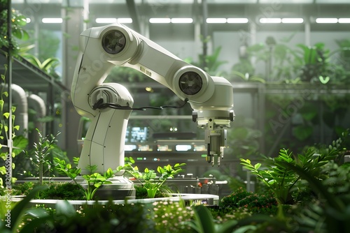Futuristic factory with advanced robotics and green technologies  surrounded by lush vegetation  emphasizing sustainable manufacturing. 3D  Printing  Illustrat  AI.