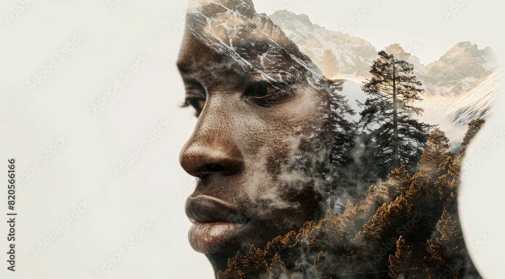 A double exposure photography of an African American man's face and the top part of alps mountain range, with snowcapped peaks, in muted earth tones against a white background A double exposure photography of an African American man's face and the top part of alps mountain range, with snowcapped peaks, in muted earth tones against a white background