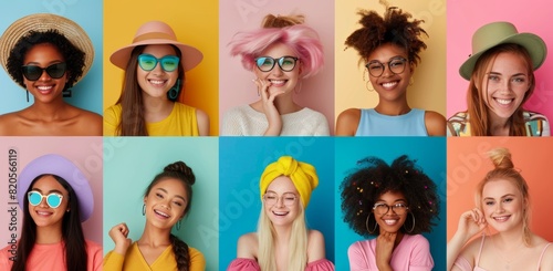 A large grid of small portraits depicts women from different ethnicities and ages smiling in various poses. The background uses a vibrant pastel color with soft lighting to highlight © Алексей Василюк