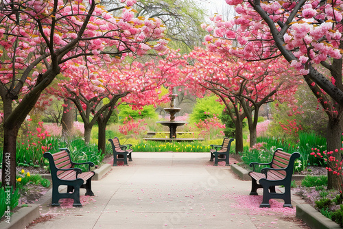 Garden path lined with pink blossoming trees and benches  leading to a fountain