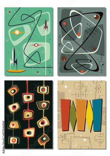 1950s - 1960s Style Background, Vector Template for Retro Party Posters, Invitations, Illustrations. Mid Century Modern Space Age Decorative Style, Space Rockets, Abstract Shapes and Vintage Colors