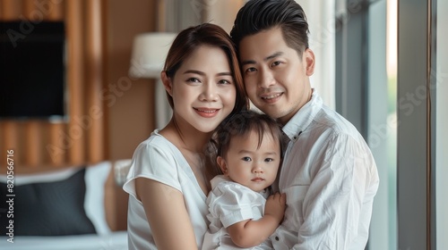 Thai family smiling and embracing indoors  symbolizing love  unity  and togetherness  perfect for family-focused advertisements and promotions on stock photo platforms.