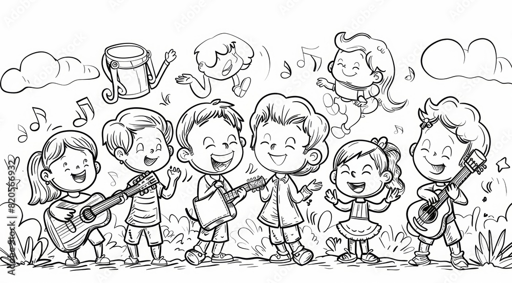 A simple coloring line drawing of singing, dancing, making your own musical instruments depicting a separate story and interacting with other characters, thick lines for easy coloring by children A simple coloring line drawing of singing, dancing, making your own musical instruments depicting a separate story and interacting with other characters, thick lines for easy coloring by children