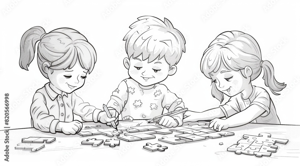 A simple coloring line drawing of Educational games where children make puzzles or solve puzzles that depict a separate story and interact with other characters, thick lines for easy coloring A simple coloring line drawing of Educational games where children make puzzles or solve puzzles that depict a separate story and interact with other characters, thick lines for easy coloring
