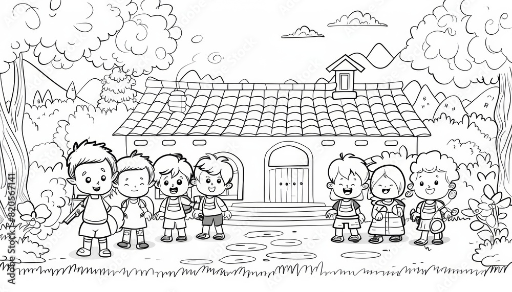 custom made wallpaper toronto digitalA simple coloring line drawing of a school with children depicting a separate story and interacting with other characters, thick lines for easy coloring by children, cartoon style, white background