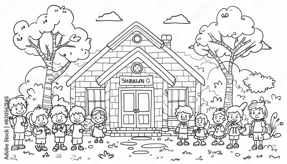 custom made wallpaper toronto digitalA simple coloring line drawing of a school with children depicting a separate story and interacting with other characters, thick lines for easy coloring by children, cartoon style, white background