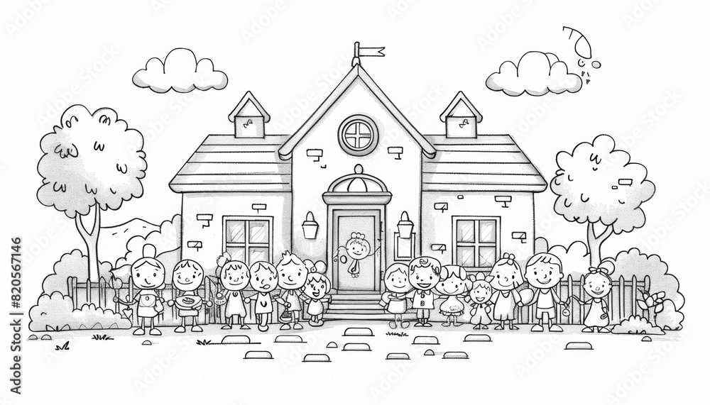custom made wallpaper toronto digitalA simple coloring line drawing of a school with children depicting a separate story and interacting with other characters, thick lines for easy coloring by children, cartoon style, white background