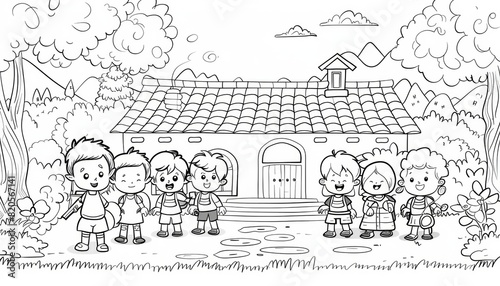 Wallpaper Mural A simple coloring line drawing of a school with children depicting a separate story and interacting with other characters, thick lines for easy coloring by children, cartoon style, white background Torontodigital.ca