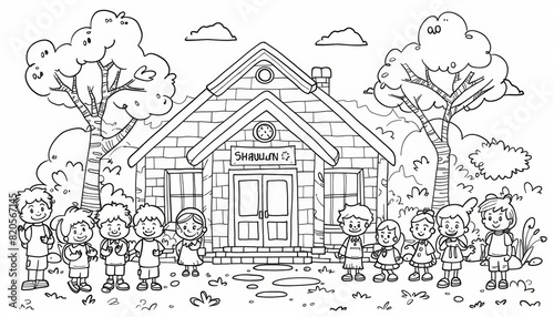 Wallpaper Mural A simple coloring line drawing of a school with children depicting a separate story and interacting with other characters, thick lines for easy coloring by children, cartoon style, white background Torontodigital.ca