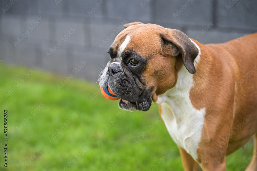 3 years old purebred golden german boxer dog puppy jumping playing with a ball