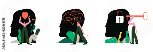 Mental health illustration set. Woman character solve mental problems, learn self accepting and how to find herself. Psychotherapy concept. Vector illustration.