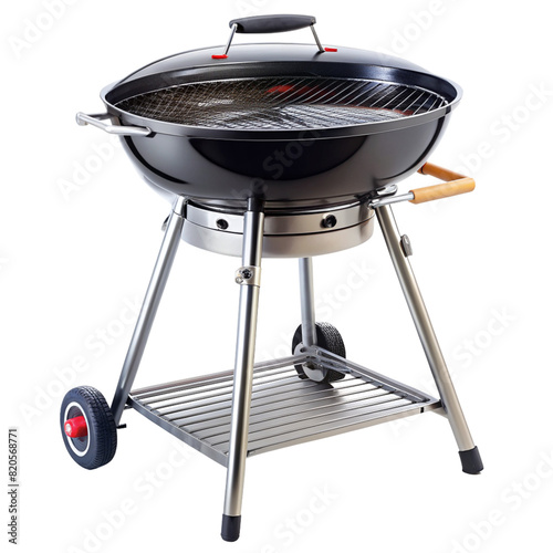 A grill with wheels and a handle on top. photo