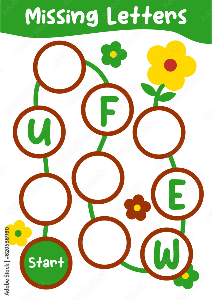 activity sheet for children missing letters with sunflower theme. Education worksheet Printable A4 size activity sheet for children missing letters with sunflower theme. Education worksheet Printable A4 size