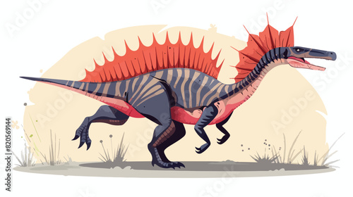 Profile of spinosaurus dino with finlike fan on background