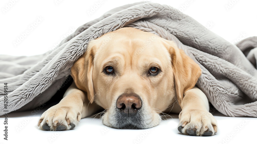 Labrador Retriever lying down with sad eyes, isolated on white background, under a blanket, looking unwell, copy space Labrador Retriever lying down with sad eyes, isolated on white background, under a blanket, looking unwell, copy space
