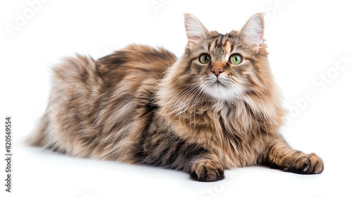 Manx cat without a tail, isolated on white background, sitting proudly, high key lighting