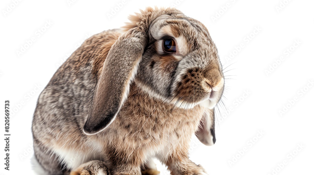 Rabbit with droopy ears, isolated on white background, sitting still, looking unwell, high key lighting Rabbit with droopy ears, isolated on white background, sitting still, looking unwell, high key lighting