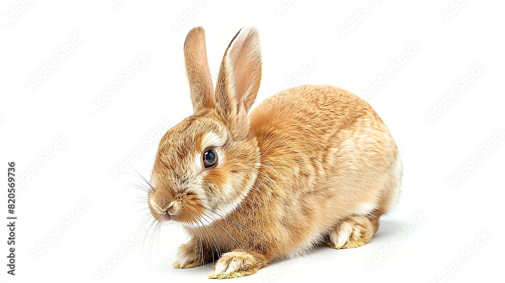 Rabbit with droopy ears, isolated on white background, sitting still, looking unwell, high key lighting