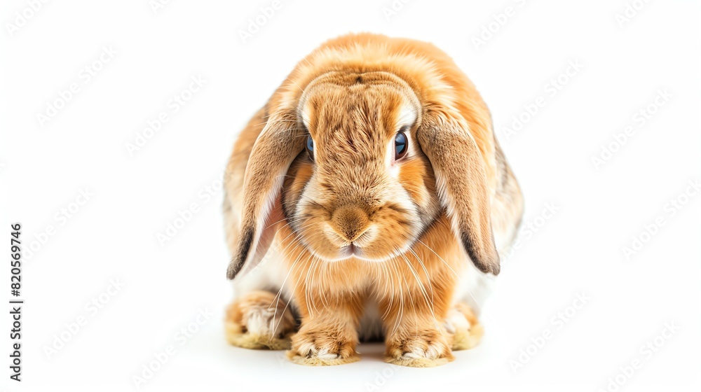 Rabbit with droopy ears, isolated on white background, sitting still, looking unwell, high key lighting Rabbit with droopy ears, isolated on white background, sitting still, looking unwell, high key lighting