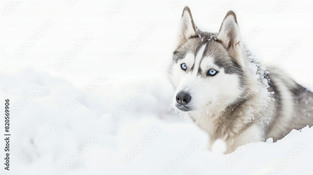 Siberian Husky with blue eyes, isolated on white background, sitting in snow, high key lighting