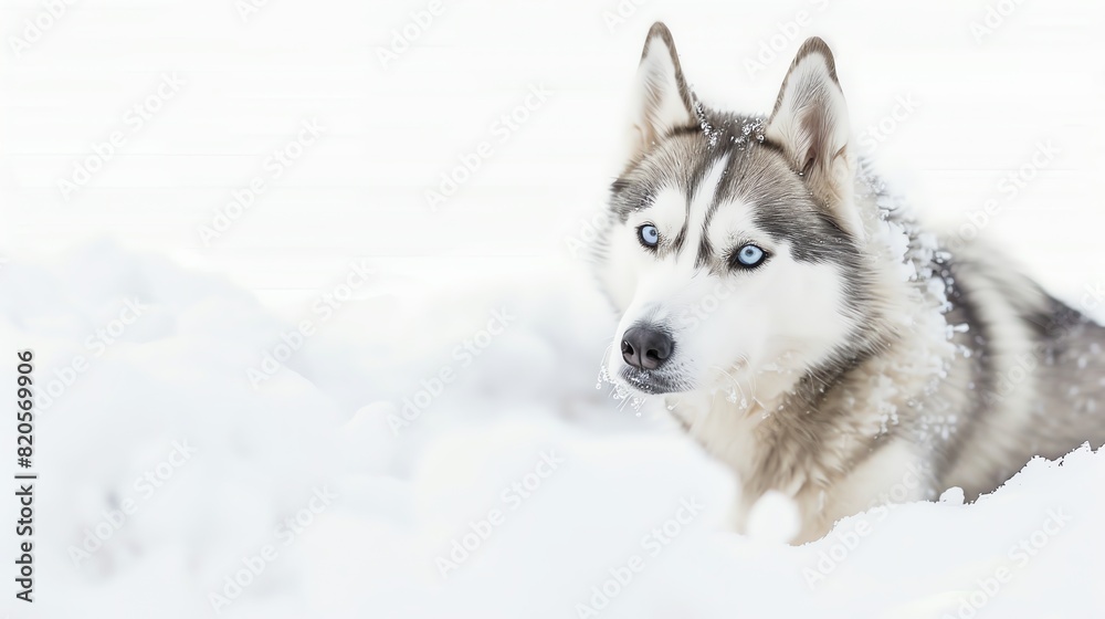 Siberian Husky with blue eyes, isolated on white background, sitting in snow, high key lighting Siberian Husky with blue eyes, isolated on white background, sitting in snow, high key lighting