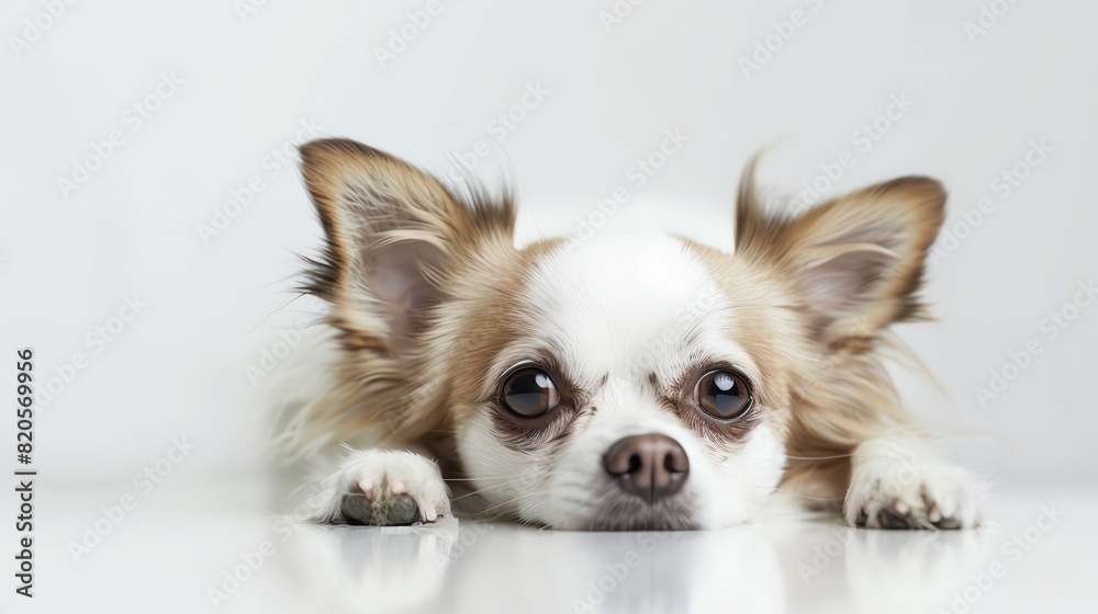 Small dog being examined by a vet, isolated on white background, lying on the vet table, copy space Small dog being examined by a vet, isolated on white background, lying on the vet table, copy space