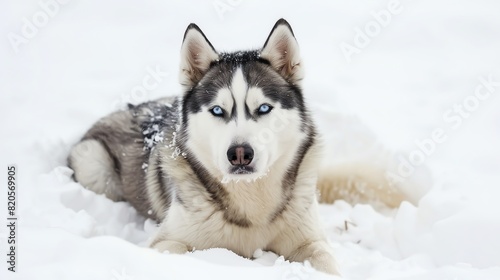 Siberian Husky with blue eyes  isolated on white background  sitting in snow  high key lighting
