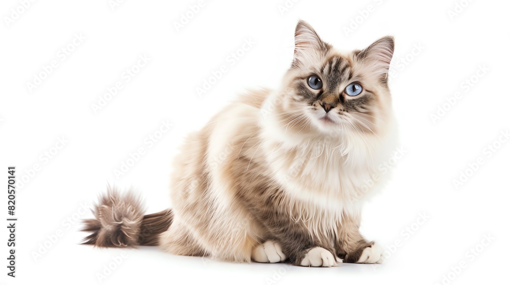Obraz premium Birman cat with white paws, isolated on white background, sitting majestically, high key lighting