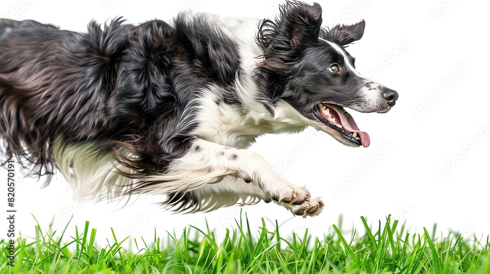 Fototapeta premium Border Collie leaping over green grass, focused on a toy, isolated on white background, action shot, copy space