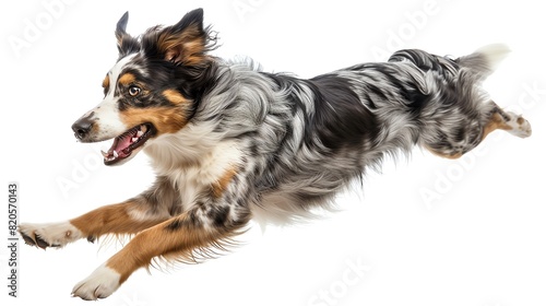 Australian Shepherd in midrun, isolated on white background, dynamic movement, copy space photo