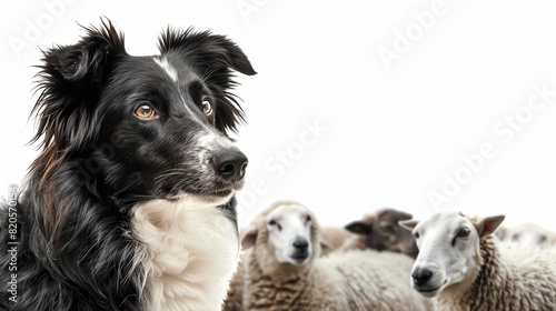 Border Collie herding sheep  isolated on white background  focused look  copy space