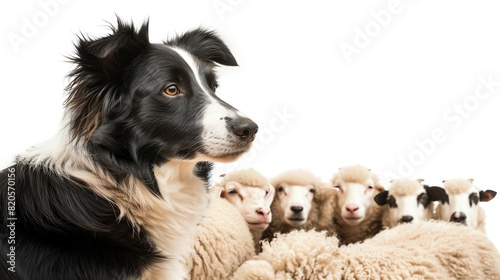 Border Collie herding sheep  isolated on white background  focused look  copy space