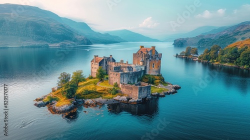 Aerial view of the serene waters of Loch Ness with Urquhart Castle